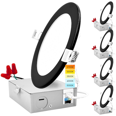 Luxrite 6" Ultra Thin LED Recessed Downlights 5 CCT Selectable 2700K-5000K 12W 1000LM Dimmable Black 4-Pack LR23761 LR23776-4PK